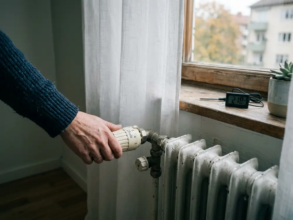 Hand som justerar en termostatventil på en radiator under ett fönster